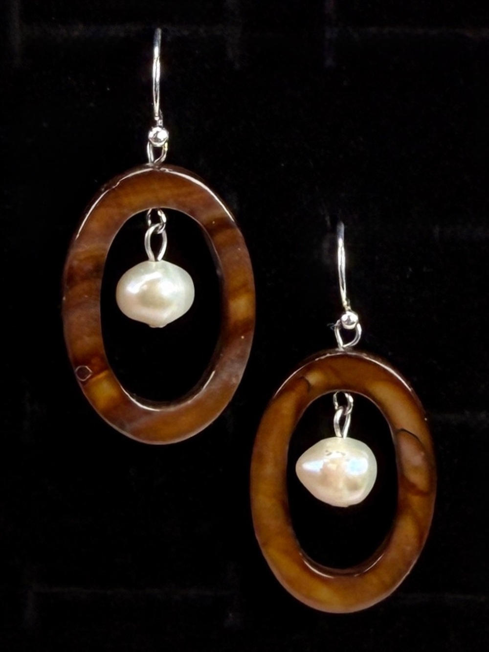 Elegant Brown Oval with Faux Pearl Accent Pierced Earrings
